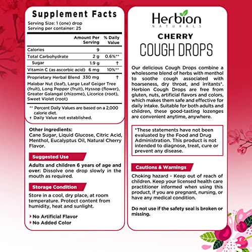 Herbion Naturals Cough Drops with Natural Cherry Flavor, Dietary