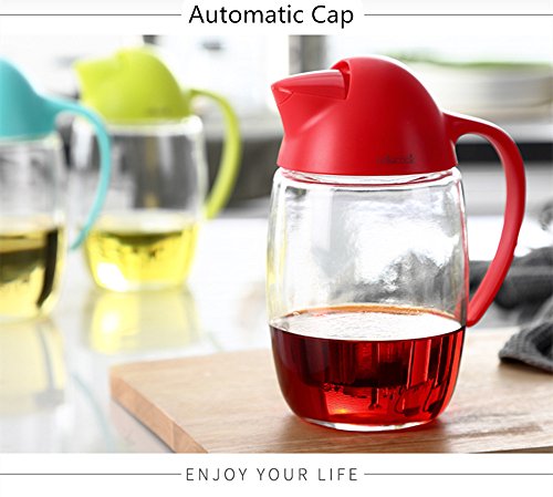 Olive Oil Dispenser Bottle with Automatic Cap 21oz Glass Oil and Vinegar Dispenser Bottle for Kitchen, No Drip Condiment Dispensing Cruet Container with Precise-Pour Spout Lovely Penguin Design (Red)