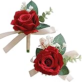 MAFELOE Wrist Corsage and Boutonniere Set Artificial Rose Flowers Accessories for Groom Bride Groomsmen Bridesmaids Wedding Party Prom Suit - Red 2 Pieces