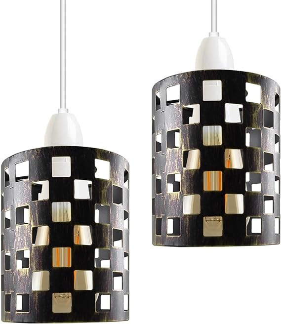 DC VOLTAGE 2 Pack of Industrial Metal Bulb Guard Drum Shaped Lampshades for Ceiling Pendant Lights, Indoor Easy Fit Wire Cages for Kitchen, Hallways (Brushed Brass S1) — image 1