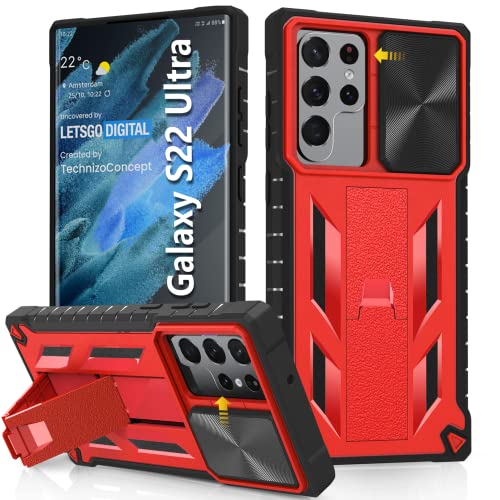 for Samsung Galaxy S22 Ultra Case: Rugged Protective S22 Ultra 5G Phone Cover with Kickstand & Slide Camera Lens Cover - TPU Shockproof Bumper Textured Matte Design Military-Grade Drop Protection-Red