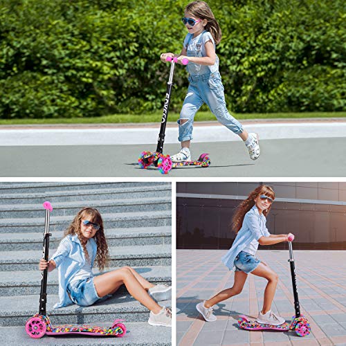 ENKEEO Kick Scooter for Kids with LED Flashing Wheels, Lean to Steer, with 3-level Height Adjustable Handlebar and Extra Wide Deck, Fun Outdoor Toy for Children from 3 to 11 Years Old (Candy) - Thumbnail 2