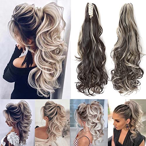 Long Short Claw Ponytail Hair Extension One Piece Cute Clip in on Ponytail Jaw/Claw Synthetic Straight Curly Hairpieces 24" Curly Dark brown & ash blonde — image 1