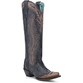 Corral Boots Womens Honey Feather Crackled Embroidered Tooled-Inlay Snip Toe Zippered Casual Boots Knee High Mid Heel 2-3" - Black, Brown