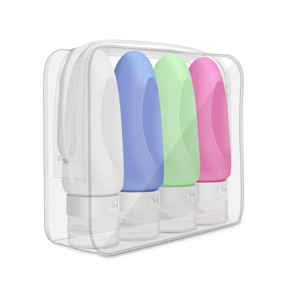 Neceser con 4 botellas de silicona de 90ml. Sistema antifugas.