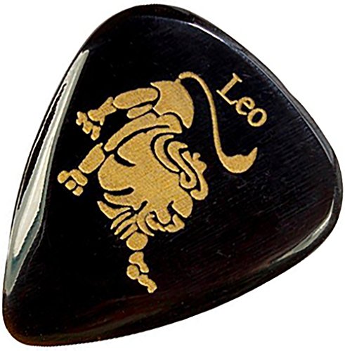 Unique & Custom [Medium Gauge- Traditional Style Semi Tip] Hard Luxury Guitar Pick Made of Genuine Buffalo Horn w/ Greek Leo Lion Symbolic Zodiac Design "Black & Gold Color" {One Single Pick}