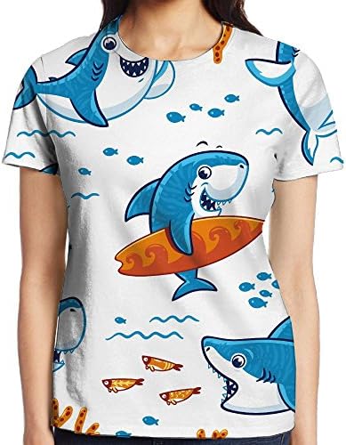 Cartoon Shark Comfy Printed Casual T-Shirt Tee Tops For Womens X-Large