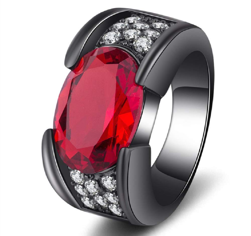 Bib Jewelry Anillo de circonio de rubí negro, chapado en oro, anillo de promesa, anillos de boda, solitario, granate rojo, moda, anillos de hombre rellenos de oro negro de 14 quilates, carburo de tungsteno negro (10 #)