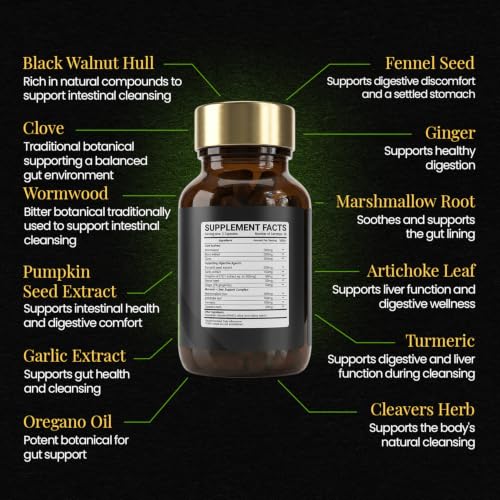 12 in 1 Intestinal Cleanse - 1500mg Wormwood, Black Walnut and Clove + 9 Key Ingredients for Digestive & Liver Support - High Strength Natural Gut Cleanse Detox for Men & Women -30 Day Supply