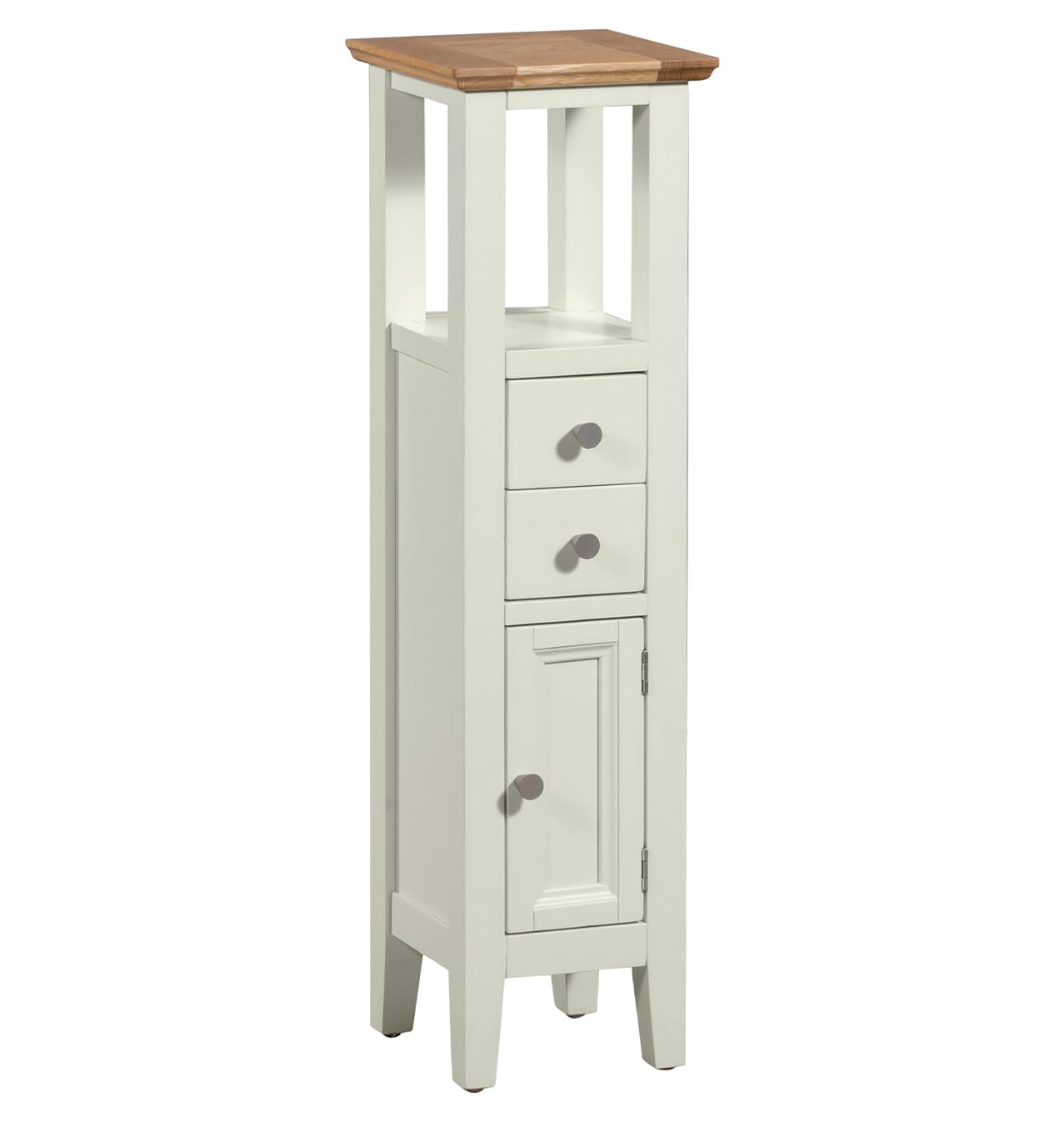 Hallowood Furniture Clifton Oak Painted Green Off White Open Top Tower Slim Cabinet with Cupboard, 2 Drawers & Shelf, Wooden Narrow Storage Unit, Small Bathroom Cabinet, Tall Plant Stand