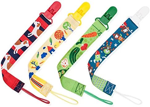 Baby Pacifier Clips 4 Packs by Ostekin, Safe Soothie Pacifier Clips for Boy Girl, Durable &amp; Washable Soother Clips
