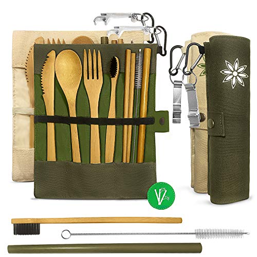 Bamboo Utensils Cutlery Set Reusable 2 Sets with Cases, Travel