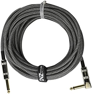 CNZ Audio 20 Foot Premium Instrument Cable, 1/4 Inch, Black White Woven, Straight to Right Angle 20AWG, Oxygen Free Copper, Gold Connector