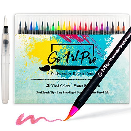 Watercolor Brush Pens by GoArtPro | Set of 20 Color Soft Flexible Real Brush Pens + BONUS Watercolor Pen | Brush Tip Markers for Adult Coloring Books, Manga, Comic, Calligraphy