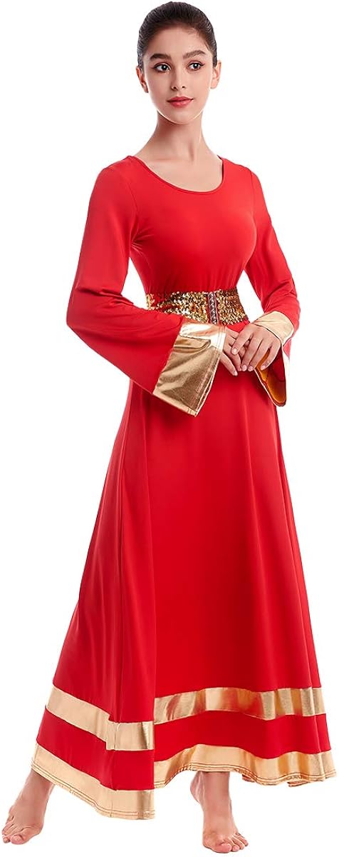 Women Metallic Praise Dance Dress Bell Long Sleeve Full Length Liturgical Tunic Skirt+Sequins Waistband Worship Costume: Clothing