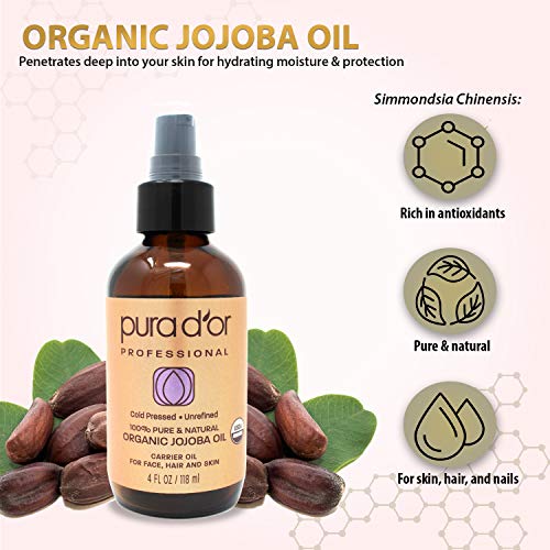 PURA D'OR Organic Golden Jojoba Oil (4oz) USDA Certified Premium Grade - 100% Pure & Natural Moisturizer - Cold Pressed, Unrefined, Hexane Free Base Carrier Oil for DIY Skin Care, Hair, Face & Nails