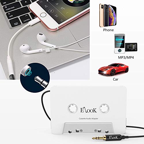 Elook Car Cassette Aux Adapter Kit, with A Smartphone to 3.5 mm Headphone Jack Adapter for Car, iPhone, MP3 ect. White