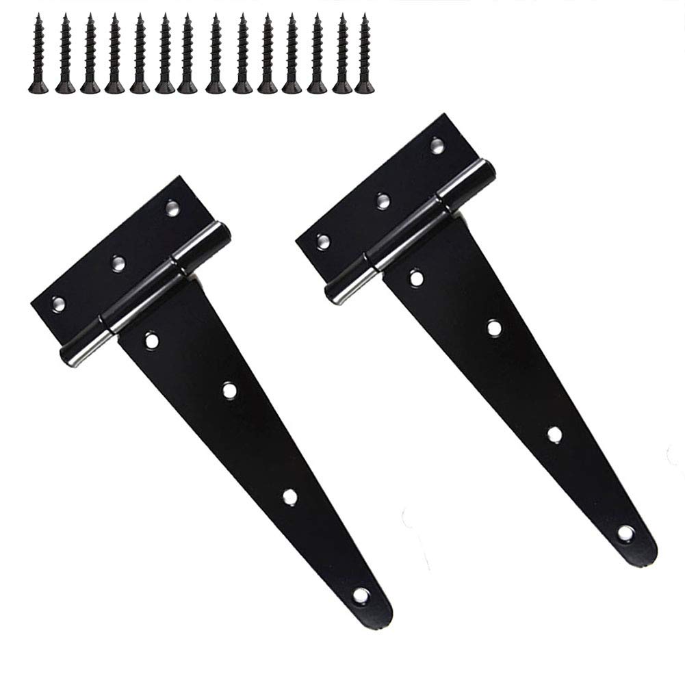 KAIISSA 2 PCS T Hinges Heavy Duty T Shape Hinges T Strap Hinges Black, Rustproof Metal Strong Tee Hinges Ideal for External Use On Gate, Shed Doors and Barn Doors, 8" / 200mm, with Screws
