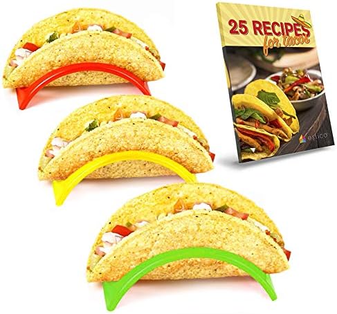 Taco Holder Set of 12, Plastic Taco Stand, Holders Plate for Mexican Taco, Rack Truck Tray style, 3 colors Red Yellow Green, Non Toxic BPA. Bonus Recipe E-book