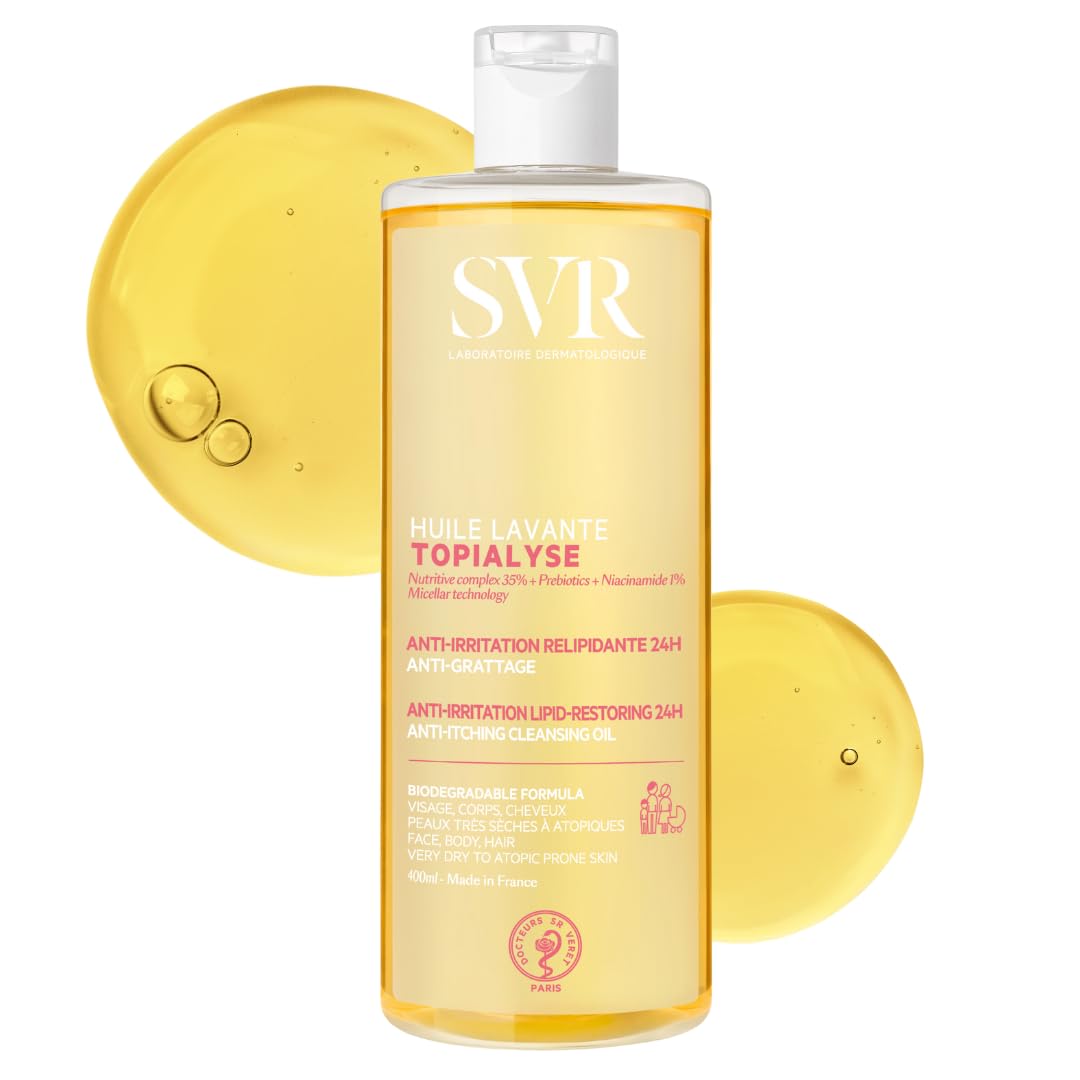 SVR TOPIALYSE All Over Micellar Shower Oil, Moisturising Eczema Body Wash, 24hr Hydration Emulsifying Soothing Bath Oil for Very Dry, Sensitive Skin, from Newborn and Up (400ml, Bottle)