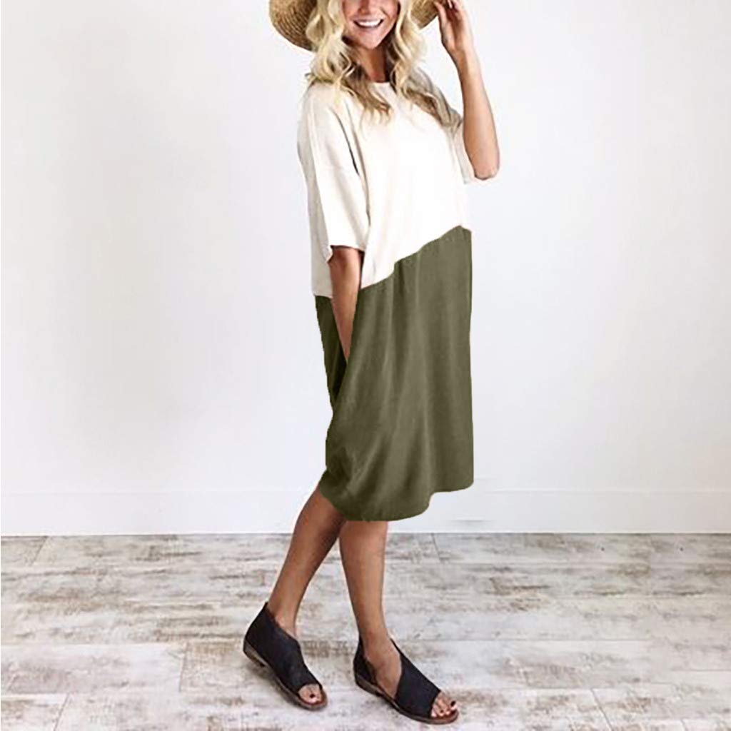 POTO Women Dresses, Loose Color Stitching Casual Dresses with Pockets Cotton Linen Tunic Dress Party Dress Beach Dress
