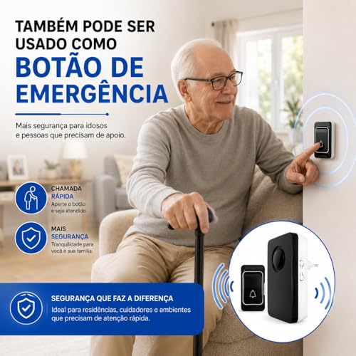 Campainha Sem Fio Bivolt à Prova d’Água Premium | 38 Toques | Alcance até 100m | Uso Residencial, Comercial ou Emergencial – Preto