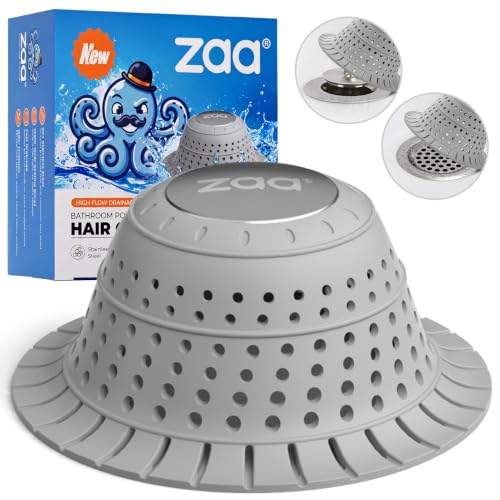 zaa Bathtub Drain Hair Catcher, Premium Silicone Shower Hair Catcher, 1Pack Collapsible Hair Stopper for Pop Up and Regular Drains of Shower, Bathtub, Bathroom Sink, Bathroom Fixture Accessories, Gray
