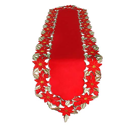 YOSICHY Christmas Embroidered Table Runner Luxury Poinsettia and Holly Table Runner for Xmas Decorations 15x69 Inch (Red)