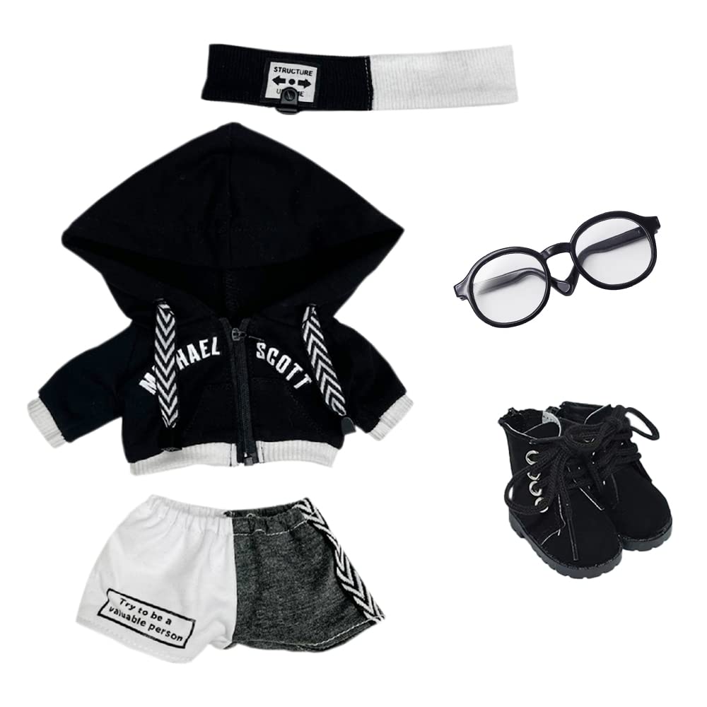niannyyhouse 15cm Plush Doll Clothes Loose Black and White Suit Headwear Hoodie Pants Glasses Shoes Doll Dressup (Black, 15cm)