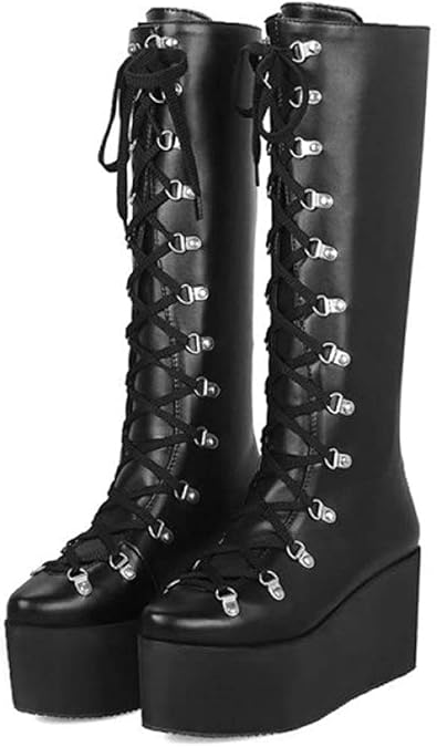 Amazon.com | OOLG Women's Lace up Knee High Platform Combat Boots Round Toe Winter High Heel 