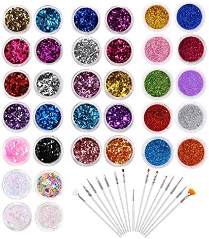34 Boxes Glitter Set with 15 PCS Nail Art Brushes, Multi-color Power Sequins Iridescent Flakes,Glitter Shimmer Dust Powderfor Nail Art Decoration, Craft, Makeup, Paints, Slime Supplies