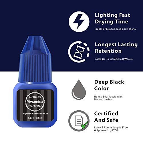 Eyelash Extension Glue 5ml | 0.5-1 Sec Fast Drying | Up to 7-9 weeks Long Lasting | Maximum Bond Power | Semi-permanent Black Adhesive For Professional Use - Yiwamica