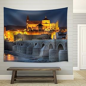 Cityscape of Cordoba at Sunset with Roman Bridge and Mezquita, Andalusia, Spain - Fabric Wall Tapestry Home Decor - 51x60 inches