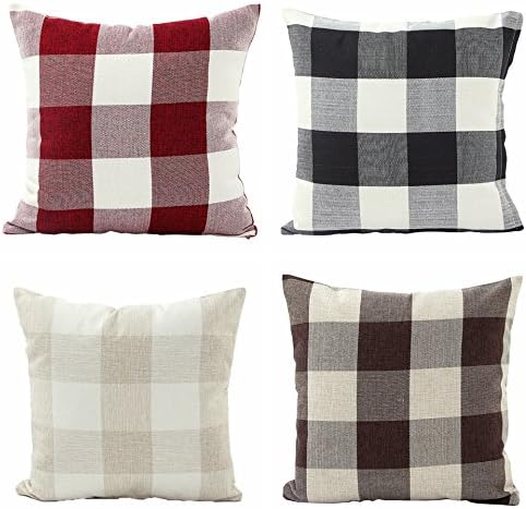 Jinbeile Retro Classic Farmhouse Tartan Checkers Plaids Cotton Linen Square Throw Pillow Cover Decorative Pillowcase Cushion for Sofa Bedroom 18x18 Inch set of 4