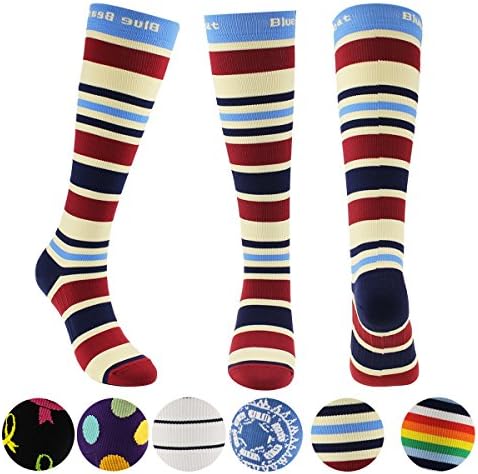 Women Athletic Compression Socks for Running Blue Beat Graduated 15-20 mmHg Stylish Stirpes Long Stockings for Sports, Pregnancy, Flight &amp; Travel (Red &amp; Navy)