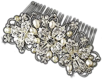Naveen Delightful Ivory Freshwater Pearls &amp; Rhinestones Floral Wedding Bridal Hair Comb