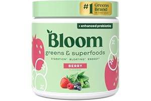 Bloom Nutrition Superfood Greens Powder, Digestive Enzymes with Probiotics and Prebiotics, Gut Health, Bloating Relief for Women, Chlorella, Green Juice Mix with Beet Root Powder, 30 SVG, Berry