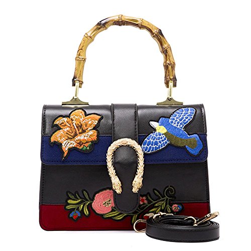 Vicue Women’s Embroidery Style Handbag Shoulder Crossbody Bag Bamboo handle Retro Ethnic style