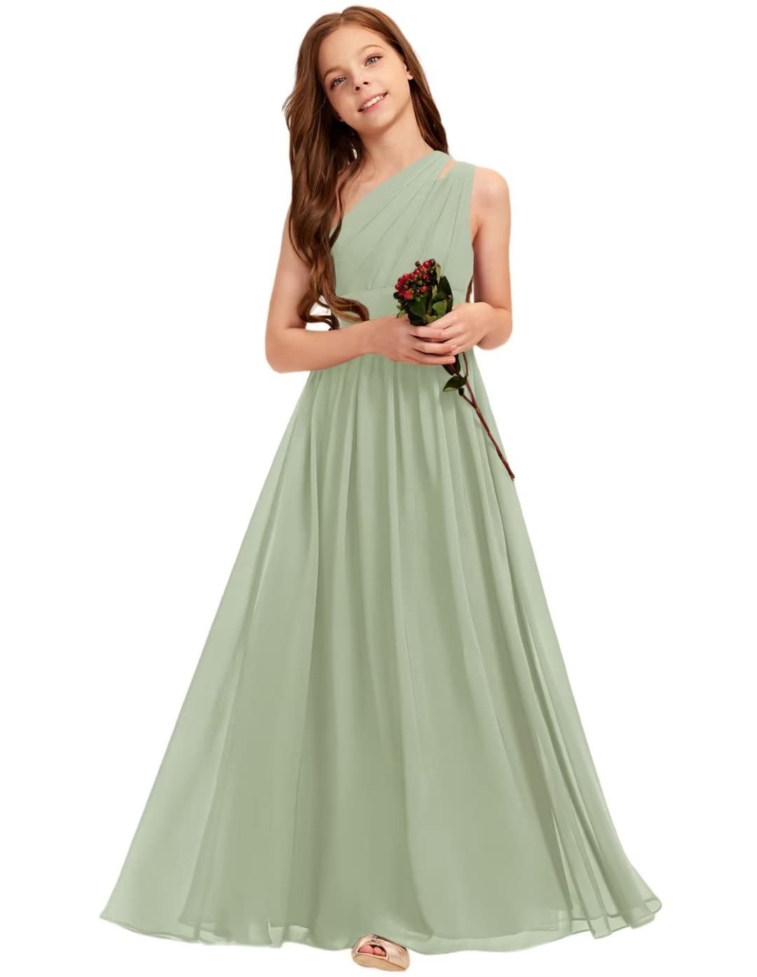 Photo 1 of Kismissal A-line One Shoulder Floor-Length Chiffon Junior Bridesmaid Dress for Wedding Teen Girls Party Gowns