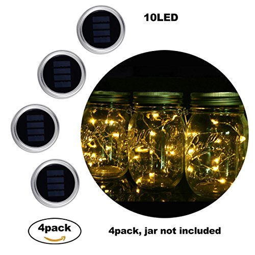 Mason Jar Lights Solar String -Rubikliss 4 Pack 10 LED Solar Fairy Lights Lids for Wedding Christmas Holiday Party Decorative Lighting Regular Mouth Jars (Warm Light)