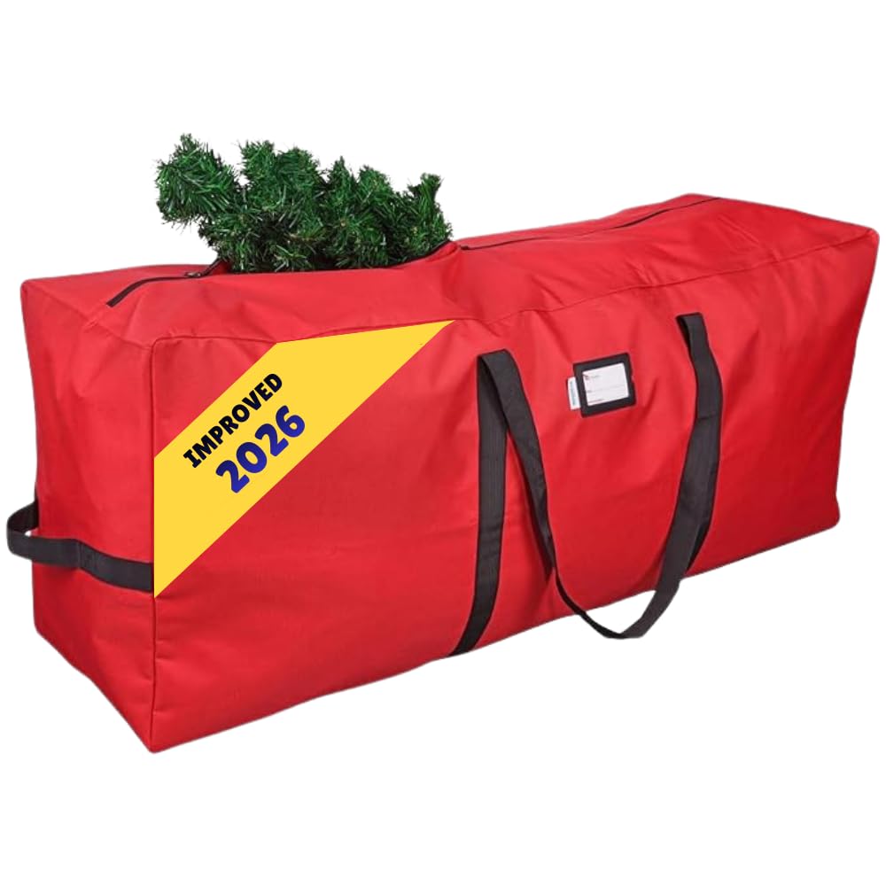 Primode Xmas Tree Storage Bag, Fits Up to 9 Ft. Tall Disassembled Holiday Tree, 25" Height X 20" Wide X 65" Long, Heavy Duty Storage Container, Constructed of Durable 600D Oxford Material (Red)