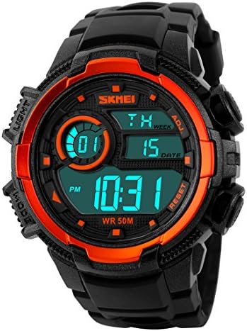 TYF Men's Sport Watch Large Face Digital Electronic Day Date Multifunction Watch 5ATM Waterproof with Back Light (Orange red)