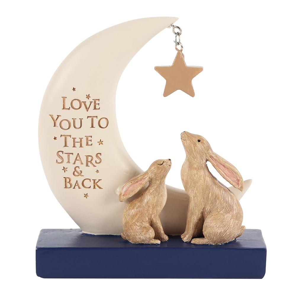 Lovely Multicolor "Love You To The Stars & Back" Resin Decorative Sign - 15cm x 13cm (1 Pc.) - Crescent Moon-shaped Design With Two Cute Bunnies - Premium Quality Indoor Accent - Perfect Gift
