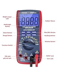 Multímetro digital AstroAI, multímetro de hasta 6000 conteos con medición de verdadero valor eficaz y rango manual o automático, mide voltaje, corriente, resistencia, continuidad, capacitancia, frecuencia, y diodos de prueba, transistores y la temperatura