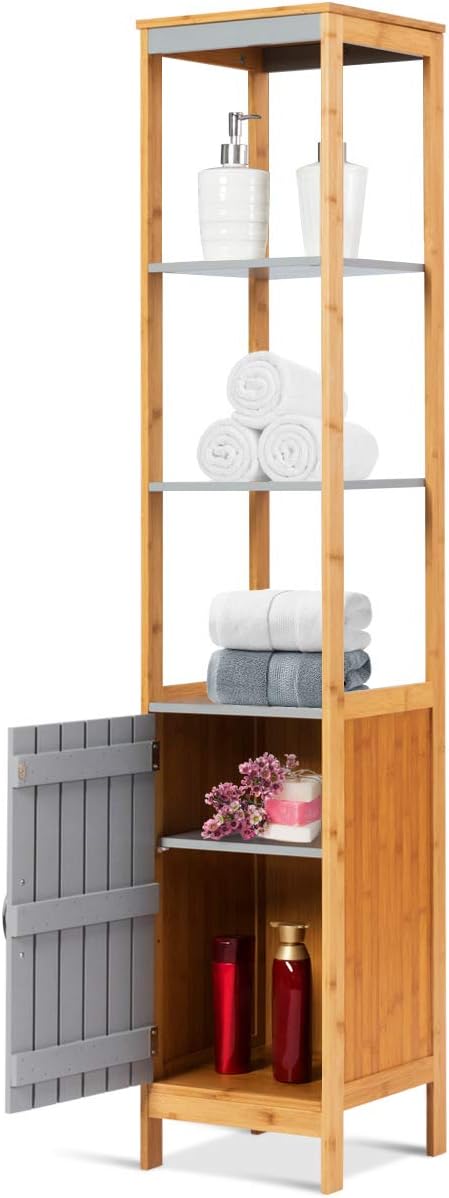 Tangkula Bathroom Floor Cabinet, Bamboo 5-Tier Concise Storage Organizer Unit Free Standing Single Door and Adjustable Shelf Living Room Bedroom, Gray and Natural (12"x12"x62.5")