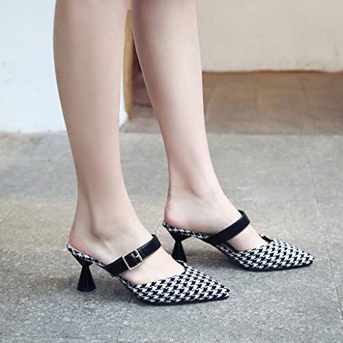 Women's Closed Toe Ankle Strap Block Heel Pointed Hollow Toe Slippers Wild Thick Heel Ladies' Pumps Sandals Black - Thumbnail 3