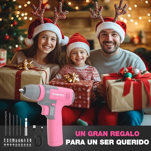 WORKPRO 8V Cordless Drill, Electric Drill with 3/8'' Drill Chuck, Electric Screwdriver, Variable Speed Driver, Type C Rechargeable Screwdriver, with 15pcs Accessories, Pink