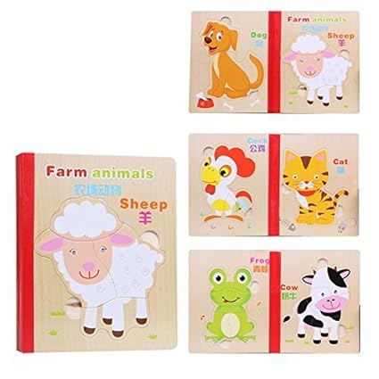 Shoppertize Wooden Jigsaw Puzzle Book for Kids (6 Puzzles in 1 Book) - Farm Animals