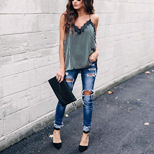 Womens Tops Summer,Lace Stripe T-Shirt Sexy Sleeveless Blouse Camisole Off Shoulder Sleepwear Tank Camis Polos Black - Thumbnail 2