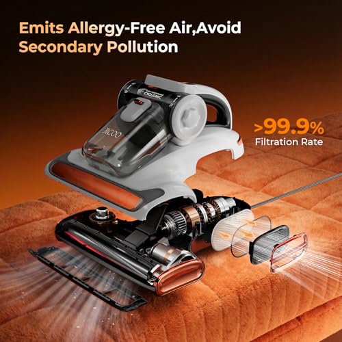 JIGOO T600 Anti-dust Vacuum Cleaner for Mattresses with UV Light and Vibration, 700W 15kpa Eliminates 99.9%, LED Display, 5s Fast Heating Dust Collector, Silent Design 72dB without Noise